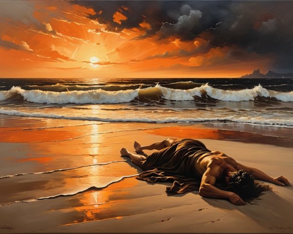 Serene beach sunset with vibrant colors and waves