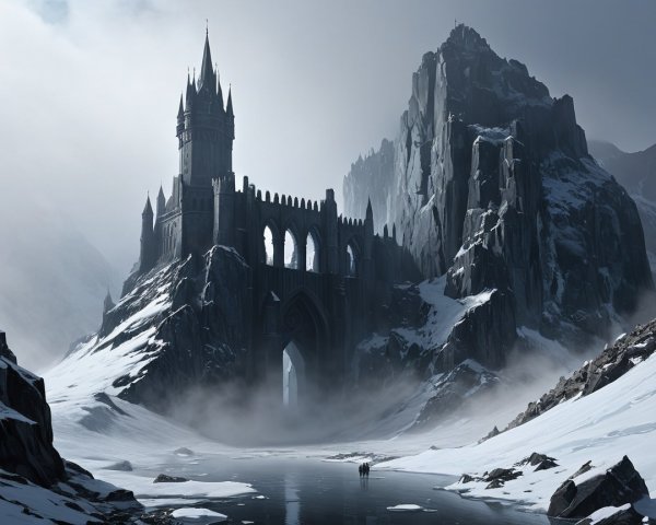Gothic castle in misty mountains with reflective water