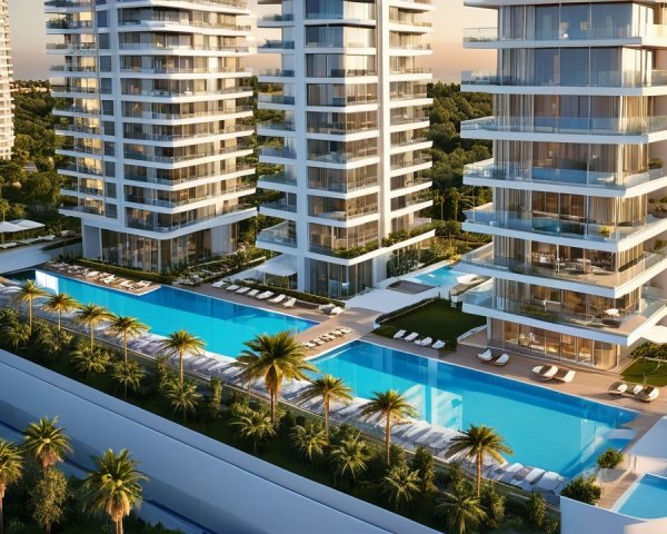 Luxury High-Rise Buildings by Crystal-Clear Pool