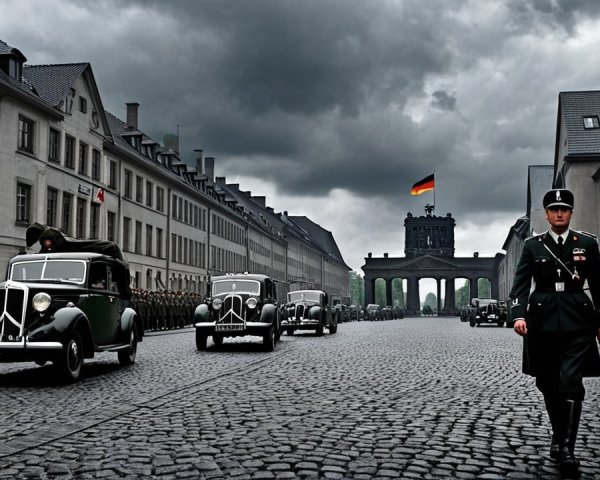 Historic Military Parade on Cobblestone Street