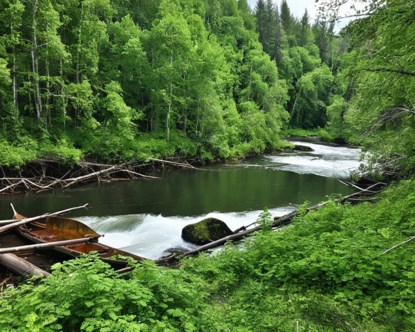Tranquil River in Lush Green Landscape with Foliage