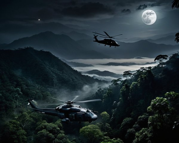 Moonlit Jungle Landscape with Helicopters and Mist