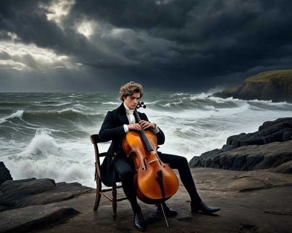 Young cellist performing by rocky seaside with waves