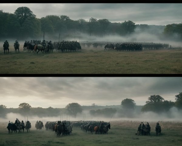 Medieval Army in Foggy Landscape Across Four Frames