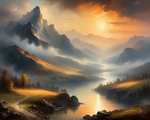 Majestic Mountains and Serene River at Sunset