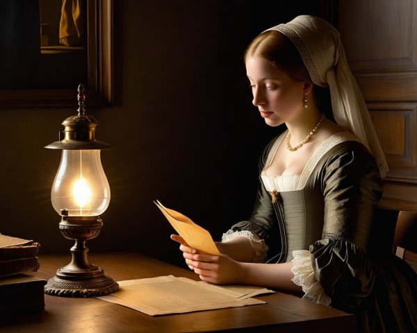 Young woman in period dress reading a letter by lantern
