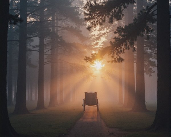 Serene Forest Pathway with Horse-Drawn Carriage