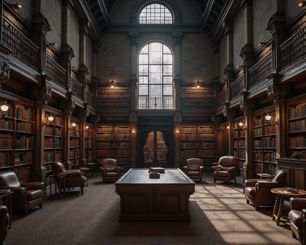 Grand Dimly Lit Library with Wooden Bookshelves