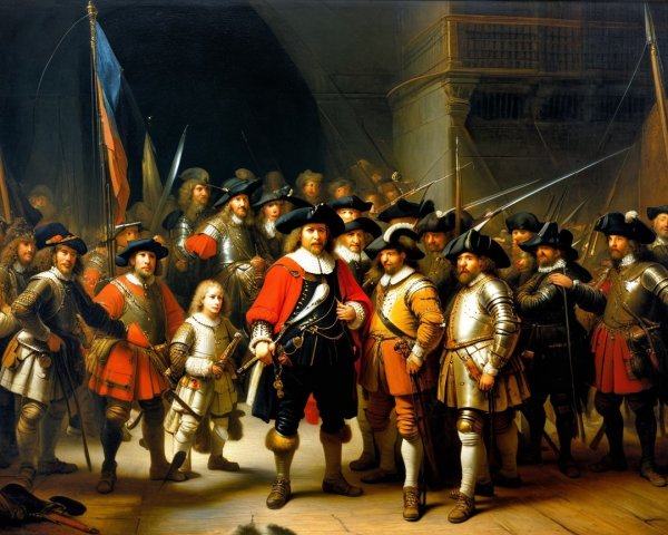 17th-Century Soldiers in Dimly Lit Historical Scene