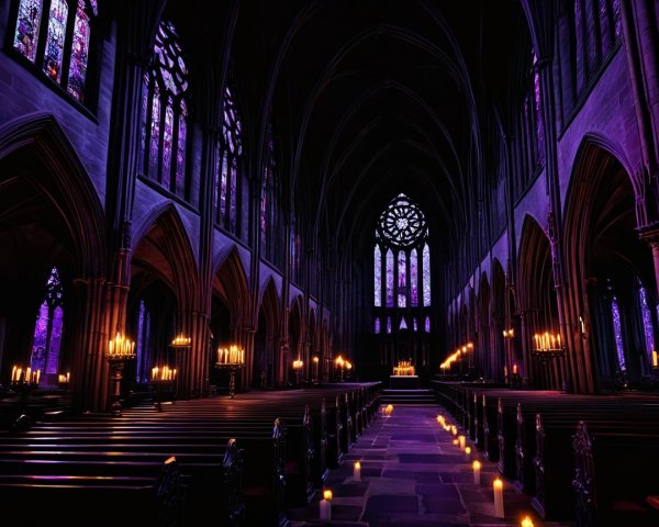 Gothic Cathedral Interior with Stained Glass and Arches