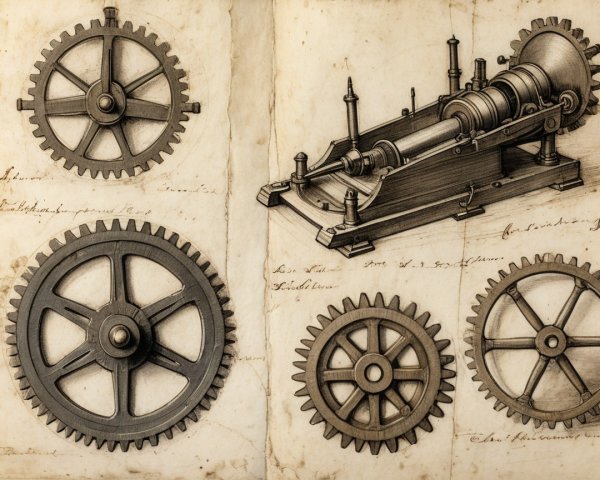 Intricate Drawings of Mechanical Gears and Steam Engine