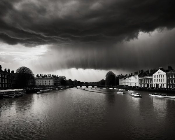 Dramatic Black-and-White River Scene with Reflections