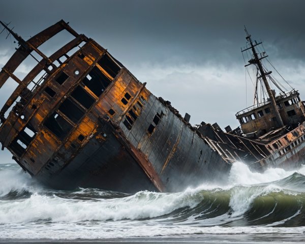 Weathered Shipwreck on Stormy Shoreline with Waves