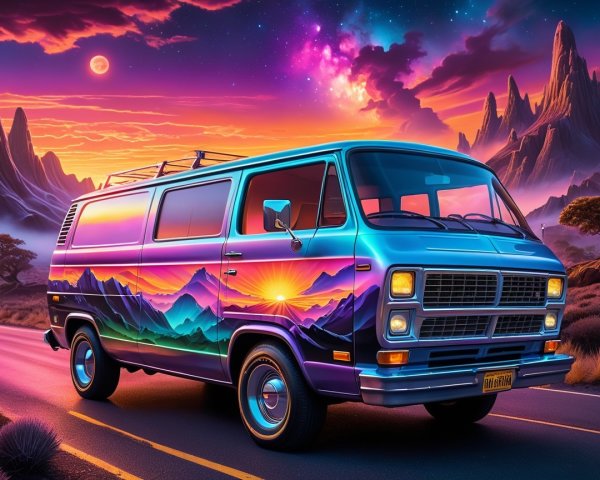 Vibrant Retro Van on Winding Mountain Road