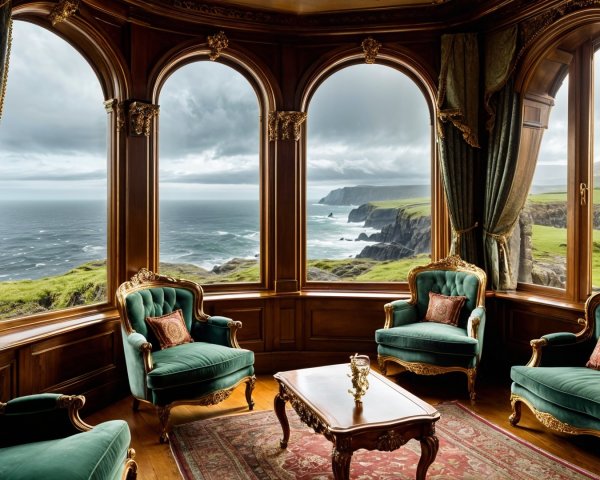 Elegant room with arched windows and ocean view