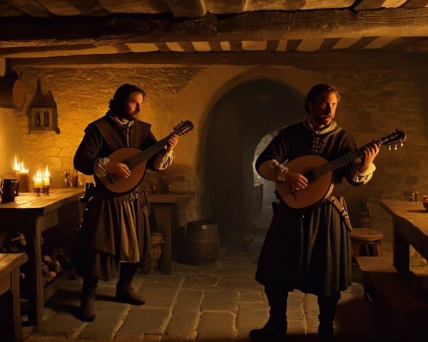 Medieval Tavern Scene with Musicians Playing Lutes