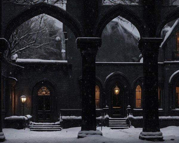 Gothic Courtyard with Snow and Elegant Architecture