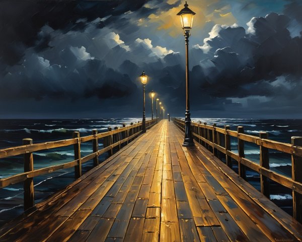 Wooden Pier Overlooking Dark Sea with Dramatic Clouds