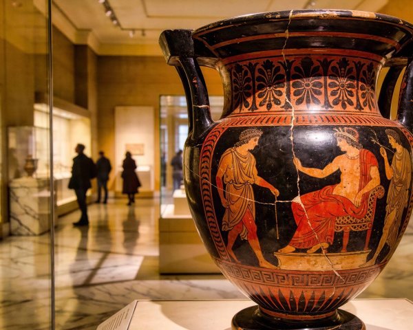 Close-up of an ancient Greek vase with figures