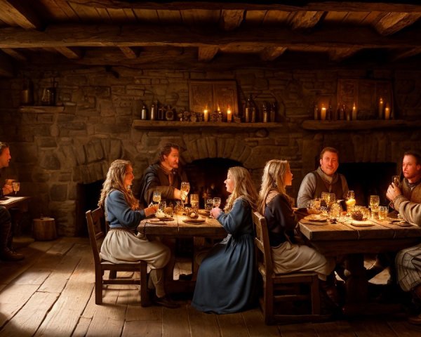 Rustic Banquet Scene with Medieval Figures and Dishes