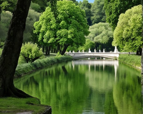Serene Lake Landscape with Lush Greenery and Bridge
