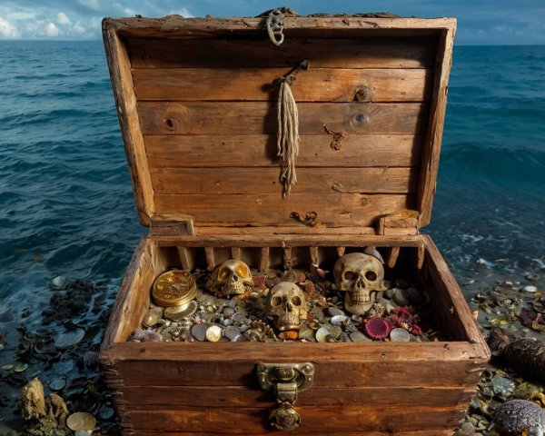 Weathered Treasure Chest with Coins and Skulls by Shore