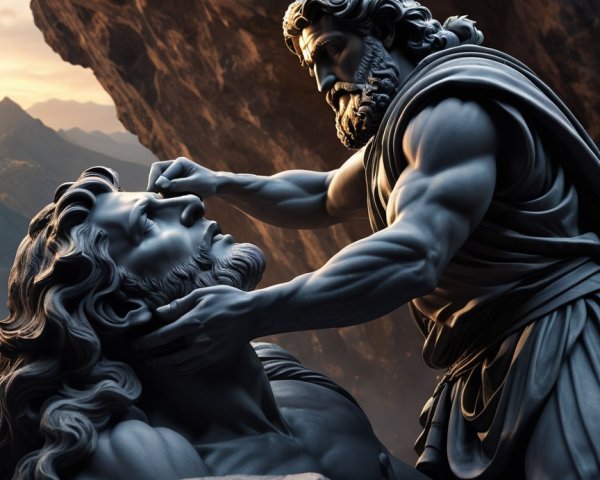 Dramatic Sculpture of Two Figures in Intense Moment