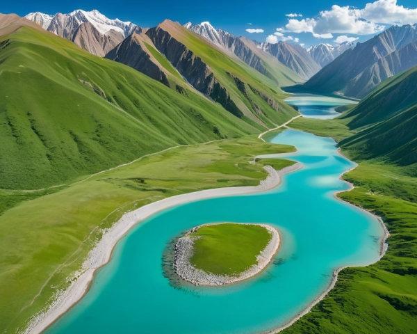 Aerial View of a Winding River in Lush Valleys