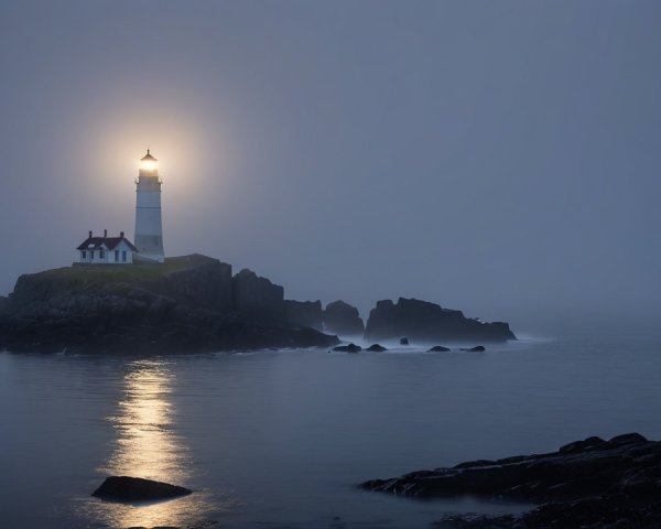 Lighthouse on Rocky Islet in Misty Twilight Scene
