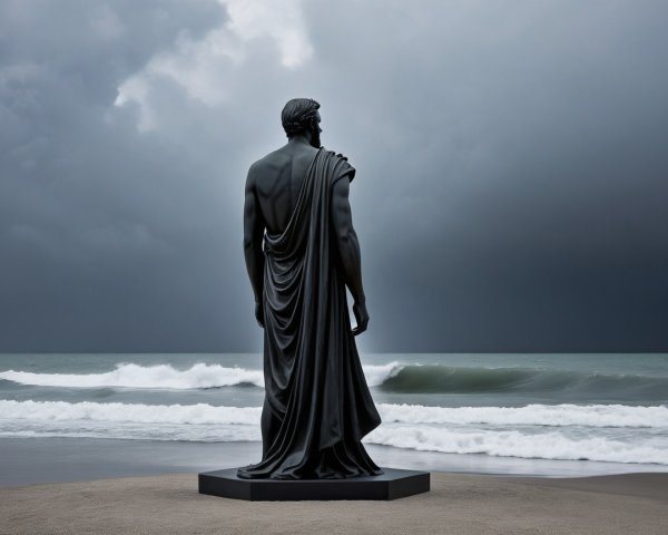 Muscular Black Statue on Beach with Stormy Ocean View