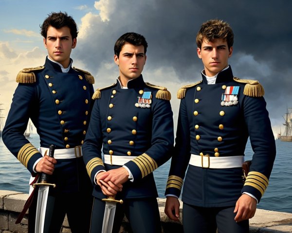 Young Men in Naval Uniforms by Waterfront with Ships