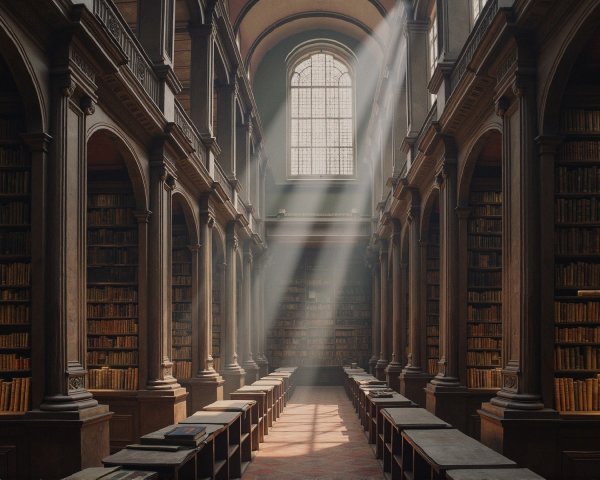 Historic Library with Arched Ceilings and Stained Glass