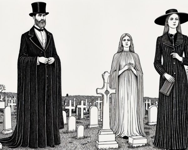 Victorian Figures in Cemetery Surrounded by Gravestones