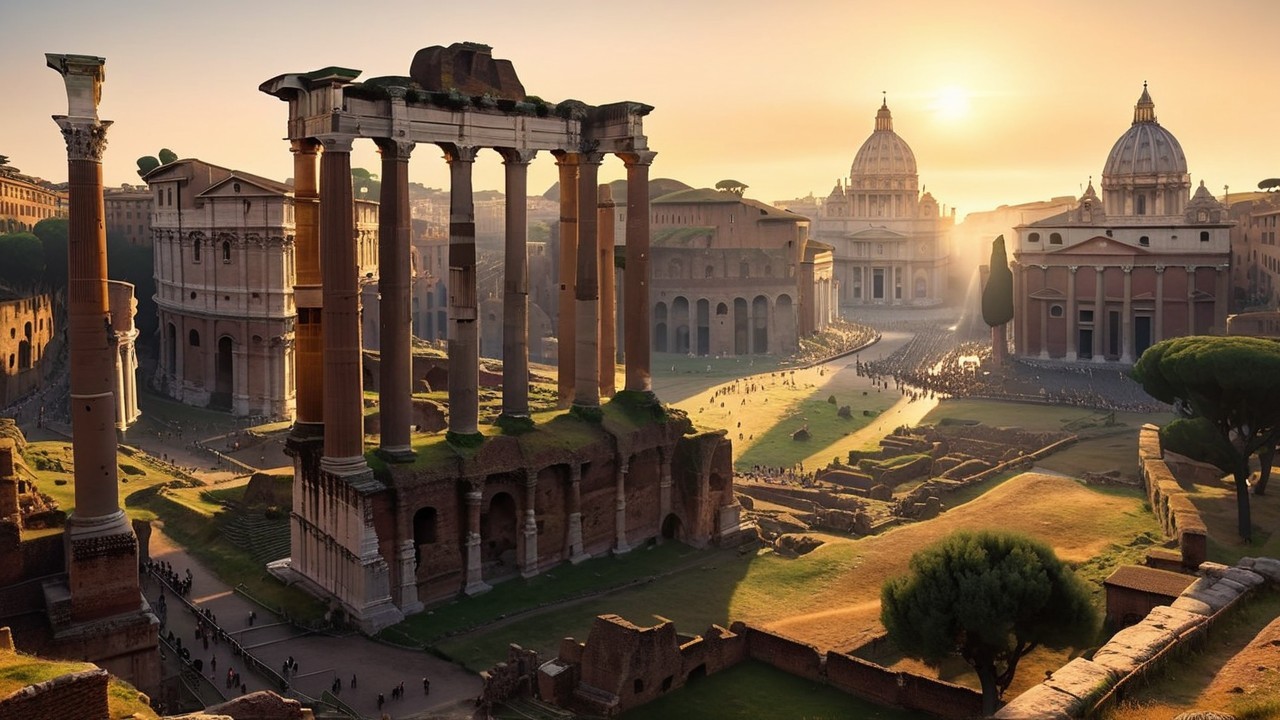 Ancient Rome Sunrise View with Roman Forum Ruins