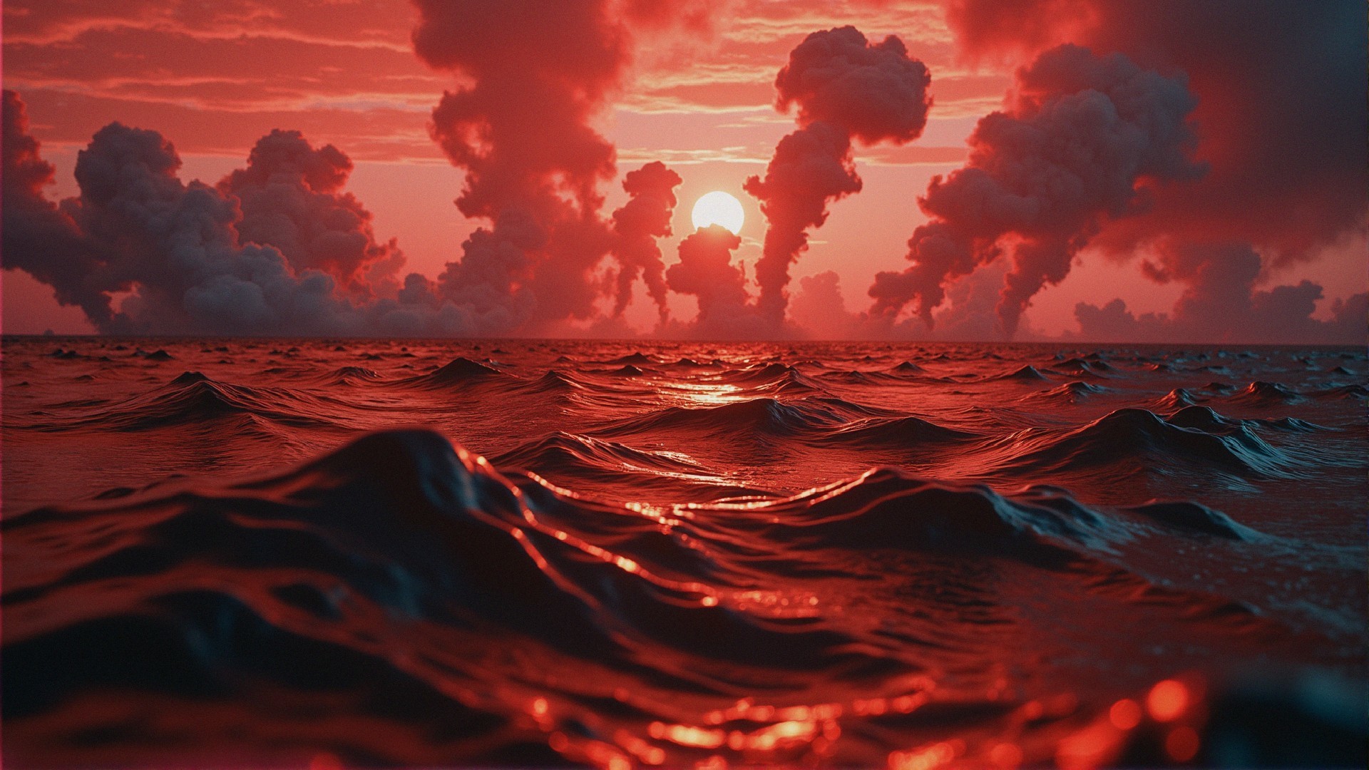 Surreal Seascape with Vibrant Red Hues and Clouds