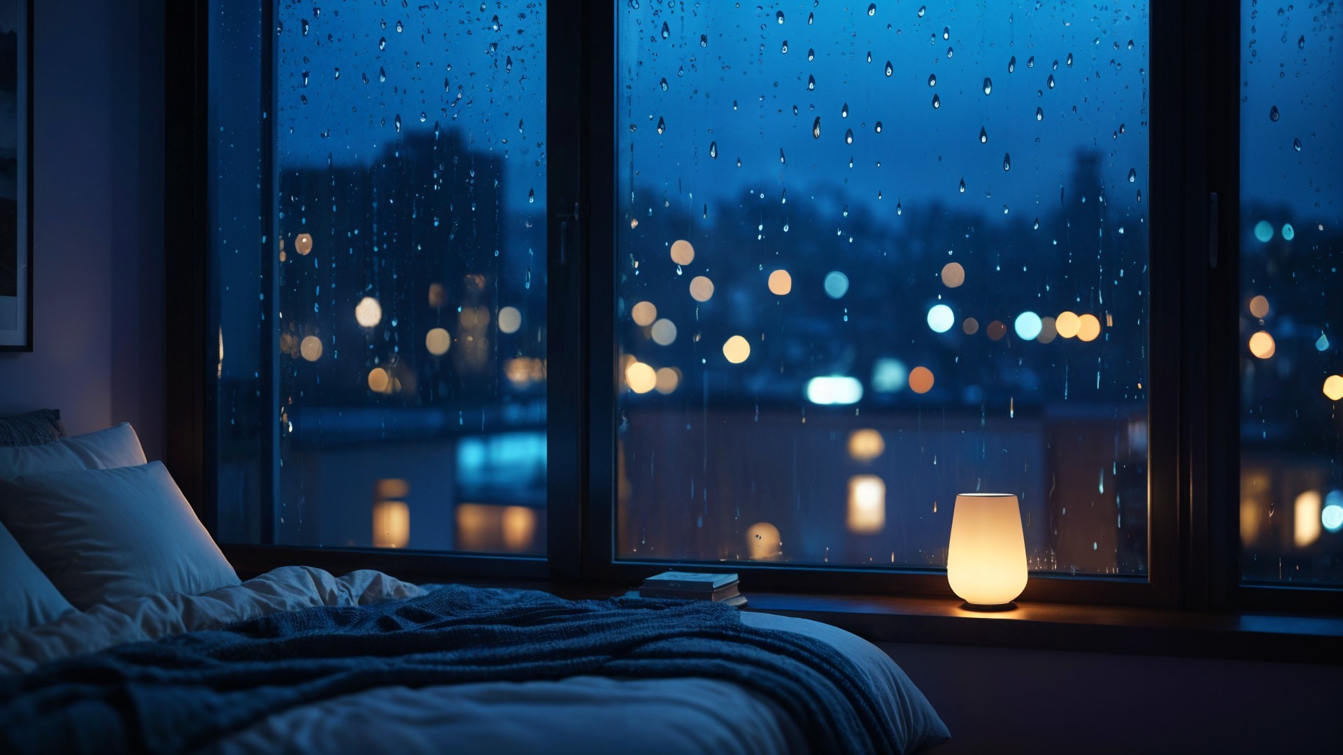 Cozy Bedroom Scene with Nighttime City View