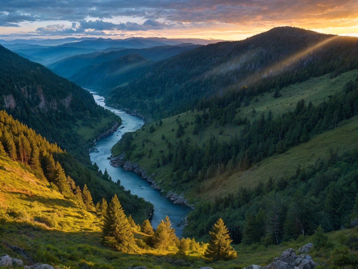Serene river in a lush valley at sunset