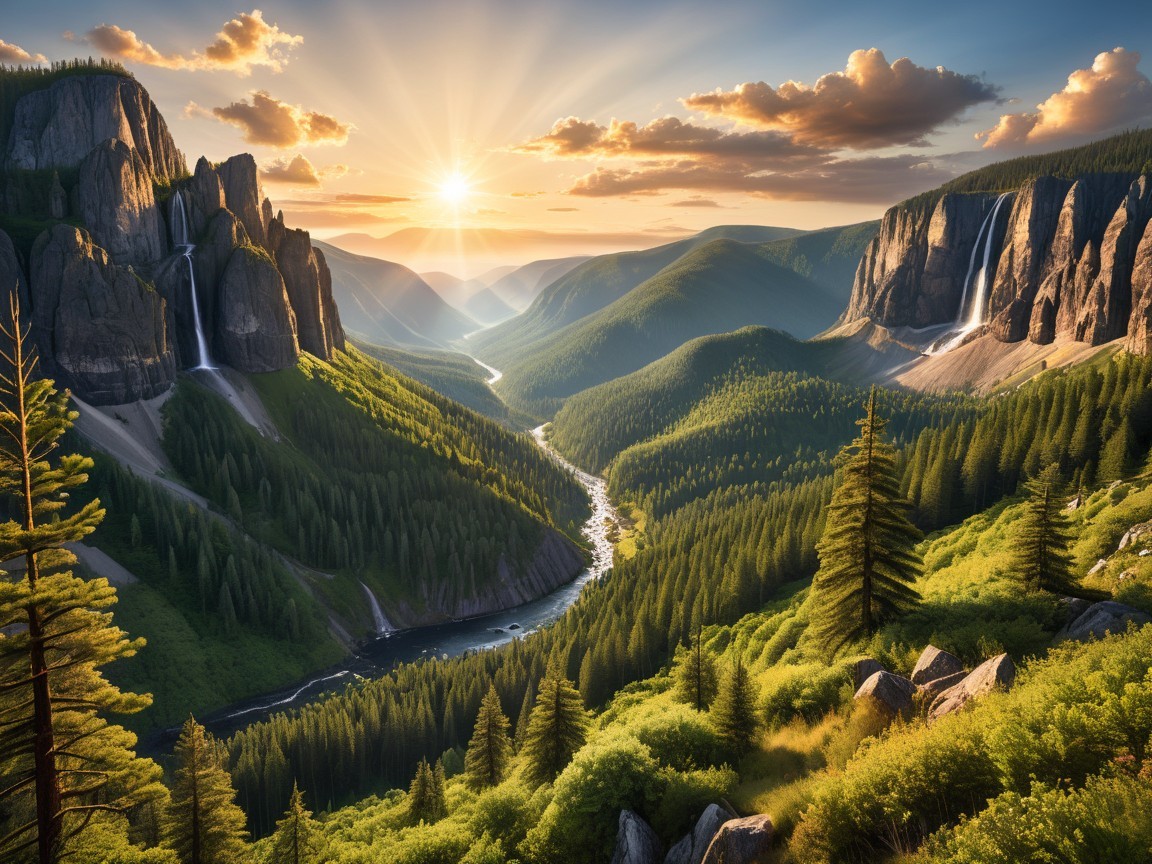 Serene Valley with Waterfalls and Lush Forests