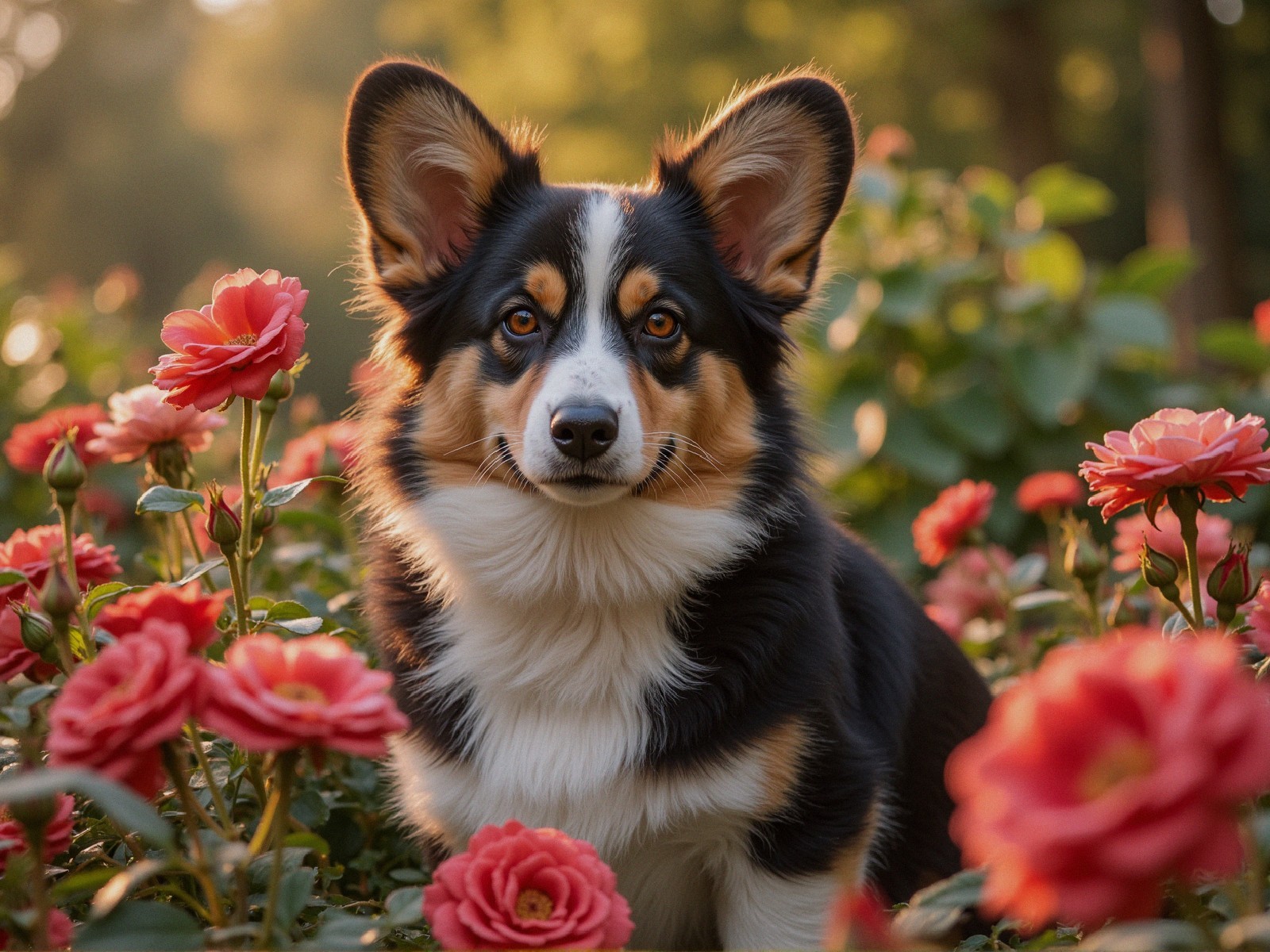 Corgi Among Pink Roses in a Serene Garden Setting