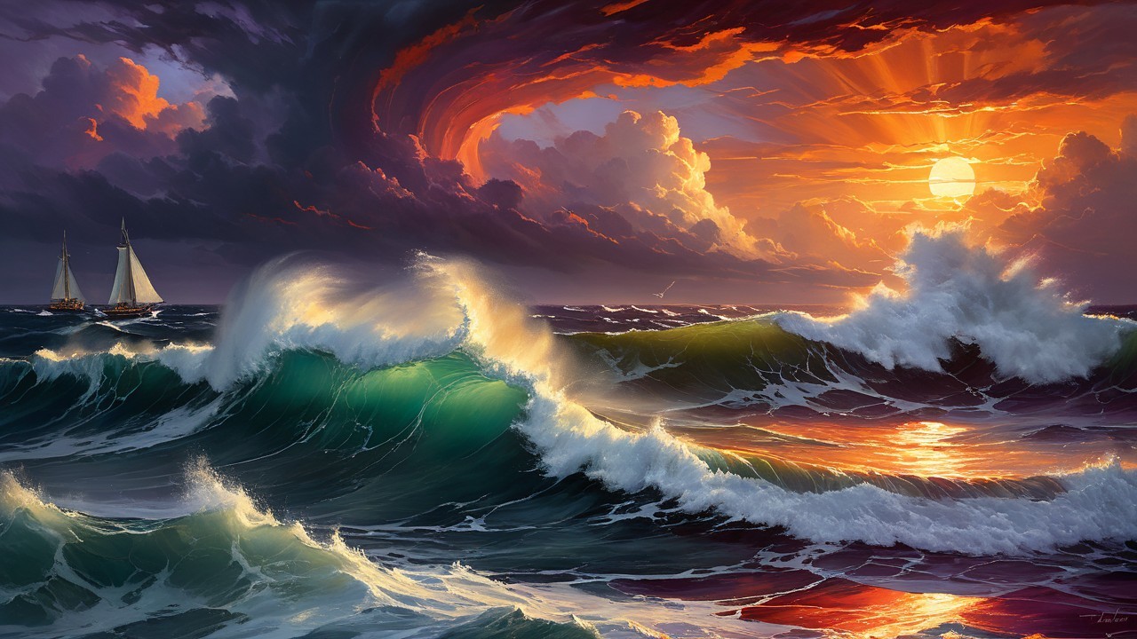 Vibrant seascape with storm clouds and sunset colors
