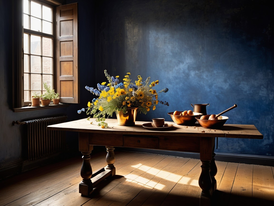 Rustic Wooden Table with Wildflowers and Greenery