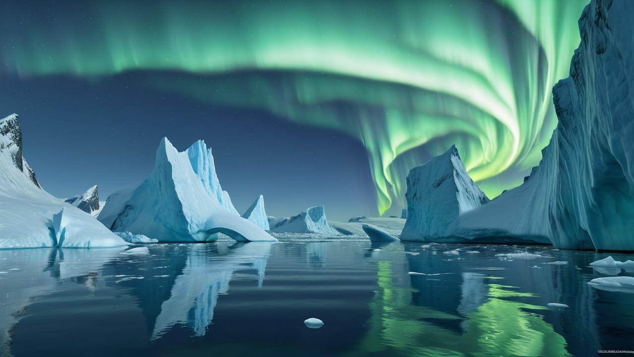 Arctic Landscape with Icebergs and Northern Lights
