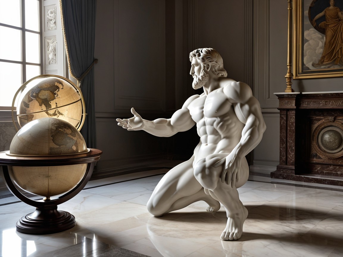 Muscular Sculpture of Man with Vintage Globes in Room