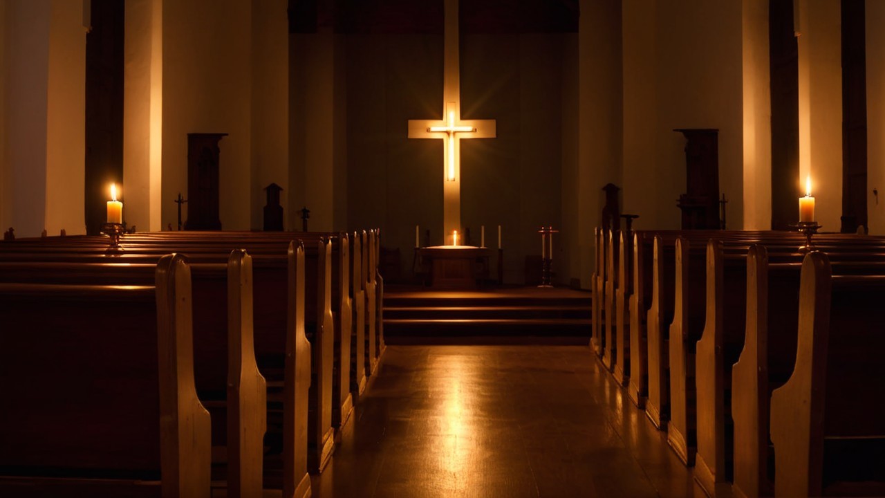 Serene Church Interior with Candlelit Altar and Cross