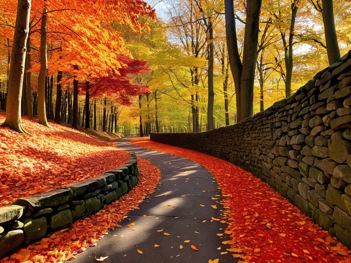Autumn Forest Path with Colorful Foliage and Stone Wall