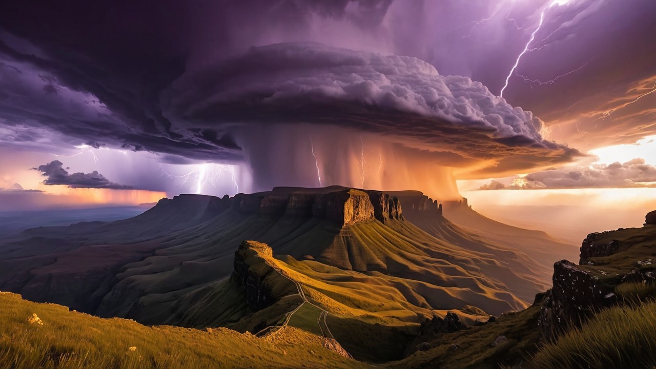 Dramatic Landscape with Stormy Sky and Mountains