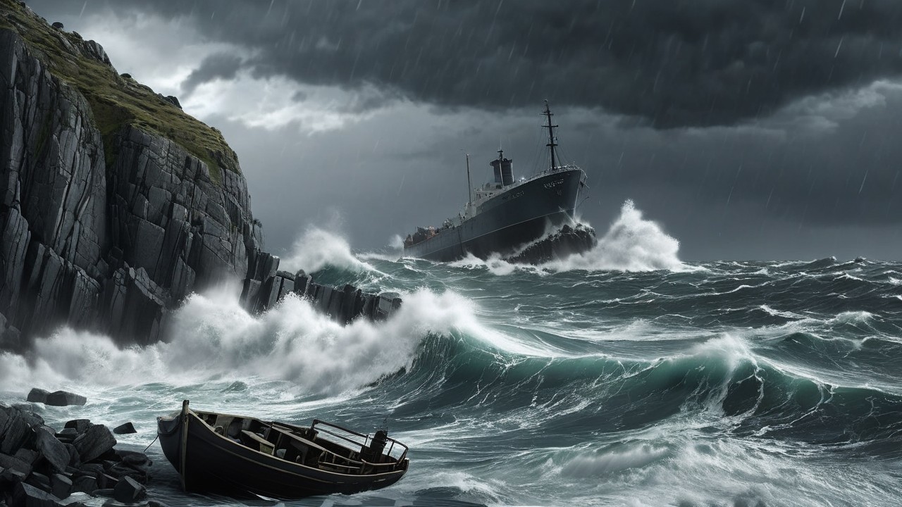 Stormy Seascape with Waves and Abandoned Boat