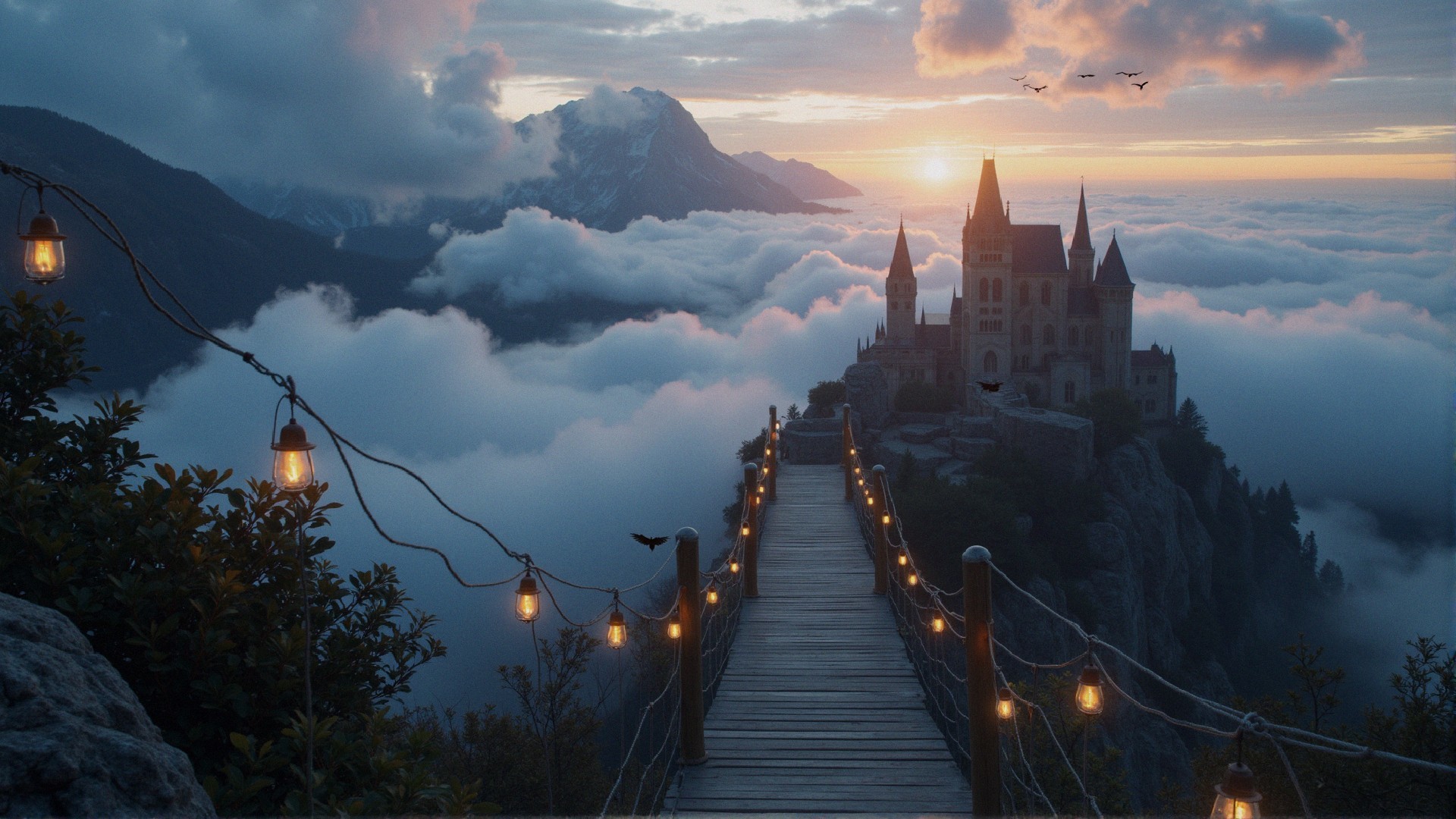 Castle on a Cliff with Sunset and Mountain Backdrop