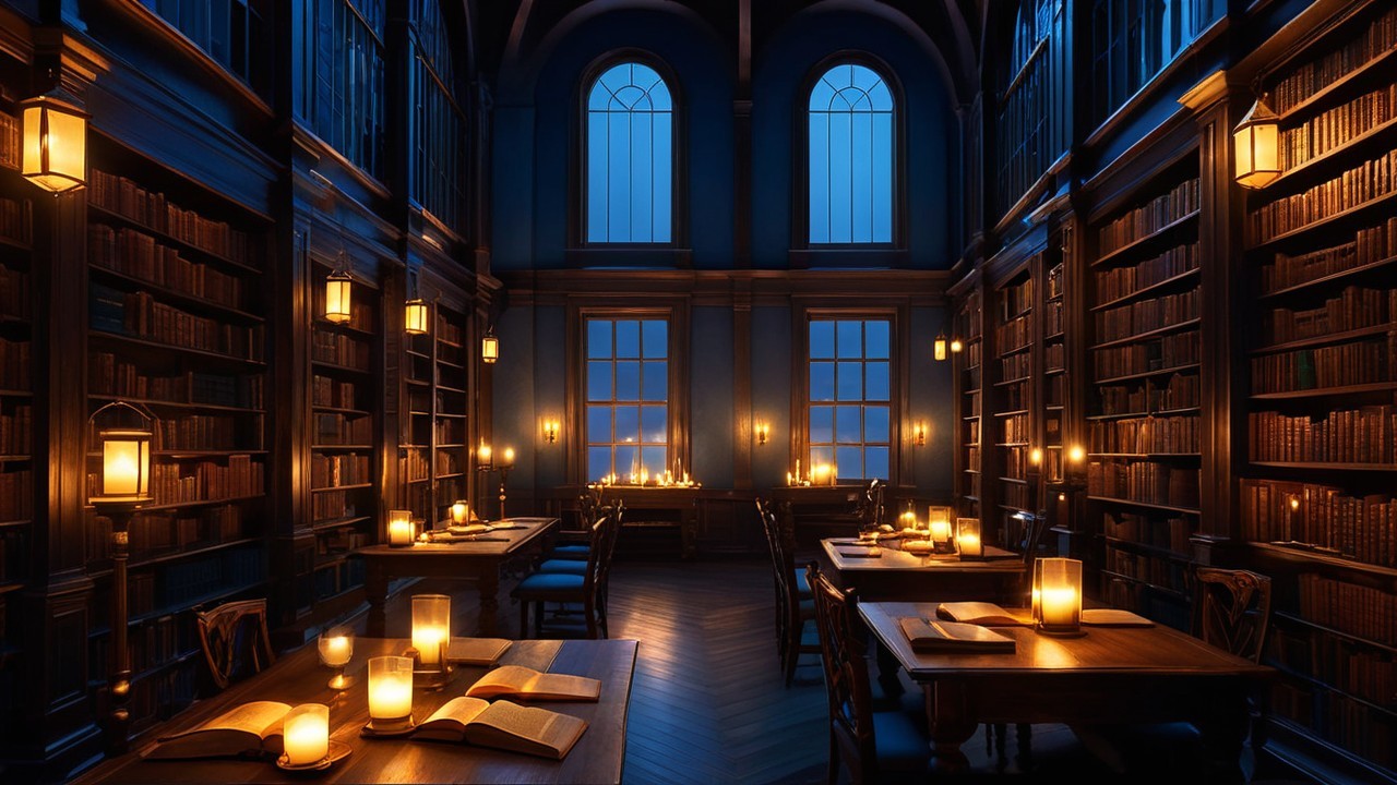 Cozy Dimly Lit Library with Candlelight and Books