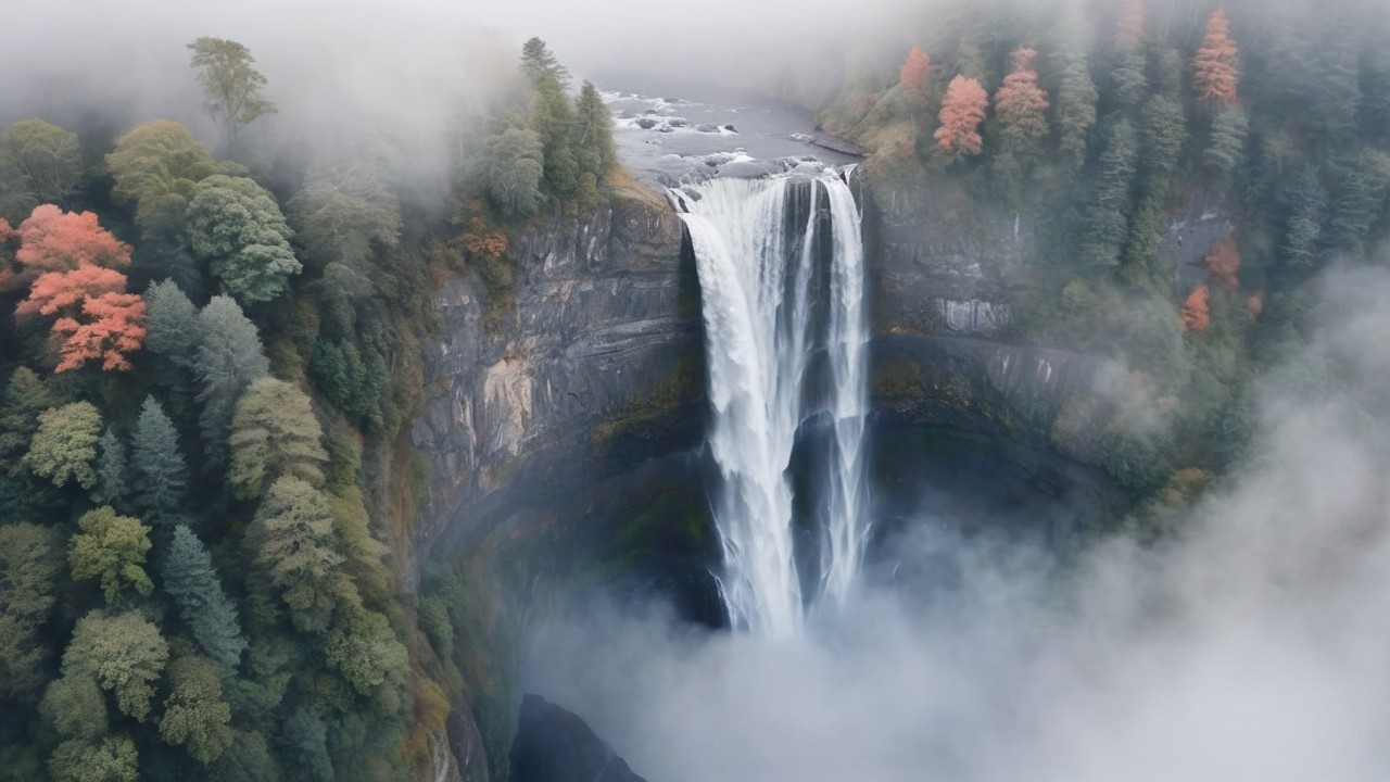 Cascading Waterfall Amidst Autumn Foliage and Greens